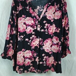 Angels Black and Pink Floral Blouse with 3/4 Sleeves